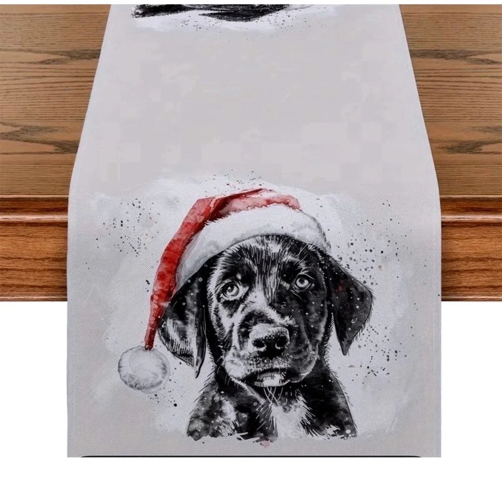 Christmas Black Labrador Puppy Santa Hat Table Runner 13x71 Linen Blend Holiday